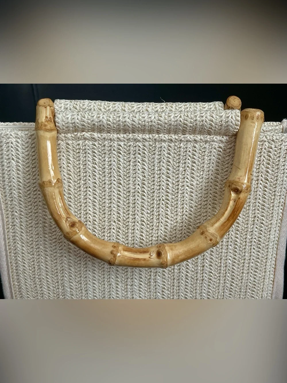 Tommy Bahama Cream Woven Raffia Tote with Bamboo Handles & Crossbody Chain